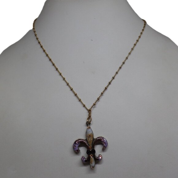 ANNE KOPLIK BROWN AND LAVENDER ENAMEL AND CRYSTAL FLEUR-DE-LIS NECKLACE! NWT! - Picture 2 of 3